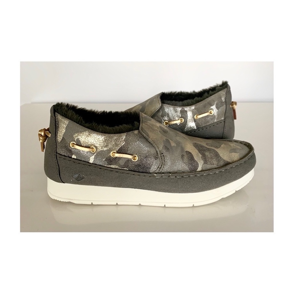 Sperry Moc-Sider Camo Olive Metallic Microfleece Lined Slip on Shoes Sz 8